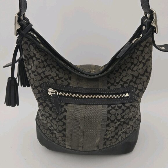 Coach Legacy Black Gray Signature Logo Purse Jacquard Duffle Shoulder Bag Tass - Picture 1 of 16